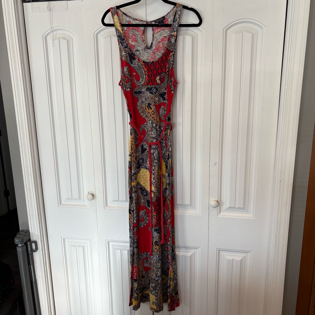 Lucky Brand Red Paisley Belted Maxi Dress Size Small